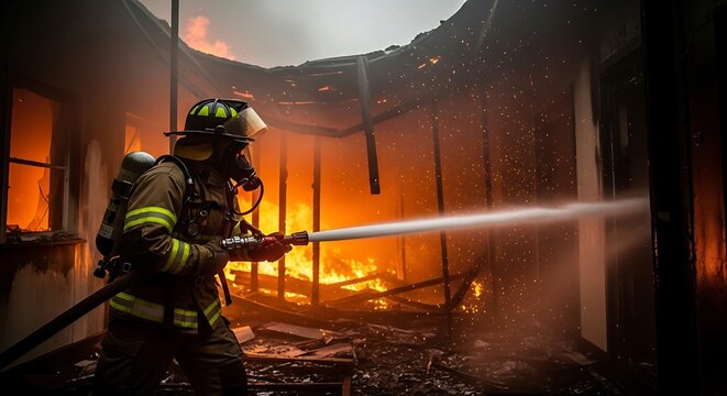 Firefighter battling blaze in damaged building, intense fire scene. - Powered by Adobe