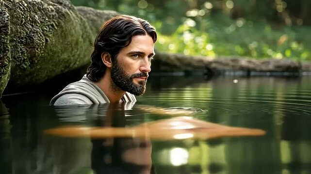 Serene Reflection: A contemplative figure stands partially submerged in a tranquil body of water, reflecting the serenity and harmony found in a serene natural setting.