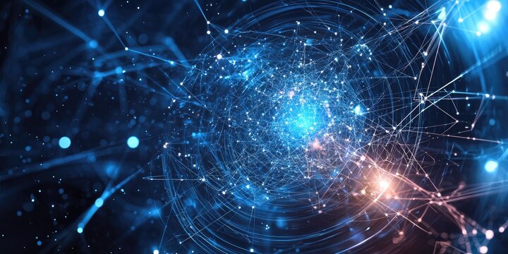 Quantum computing theme with atom-like tech structures and particles Stock photo