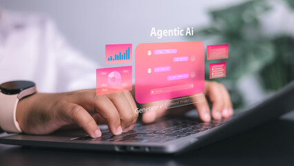 Person using laptop with futuristic holographic display labeled Agentic AI, showing chat, data graphs, and prompts, representing advanced AI, automation, and machine learning.