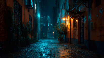 Midnight Shadows: The Haunting Mystique of a Rain-Drenched Urban Passageway Under Shimmering Streetlights