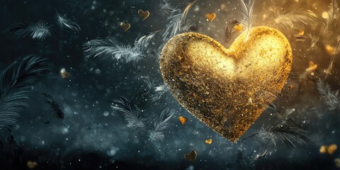 Fototapeta premium Radiant gold heart framed by flying feather hearts, silver mist adds magic to dark backdrop Stock photo