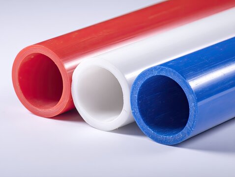 Three cylindrical plastic pipes in red, white, and blue colors