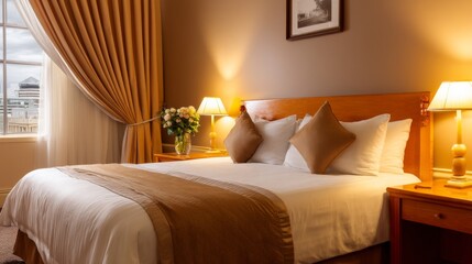 Cozy hotel room retreat city center interior photography warm atmosphere inviting view relaxation concept