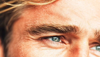 Fototapeta premium A close-up of the eyebrows and eye area, focusing on one man's hairline with blonde highlights.