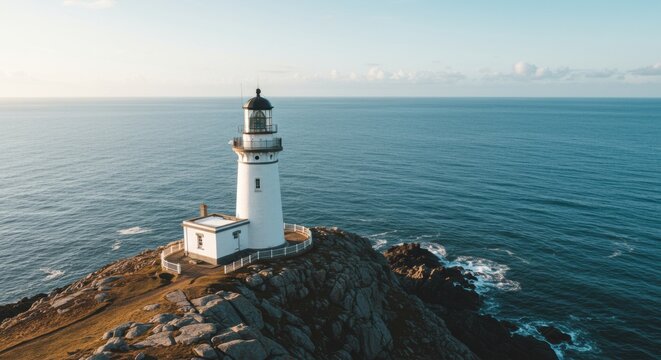 Majestic lighthouse standing tall over the ocean coastal landscape aerial view serene environment - Powered by Adobe