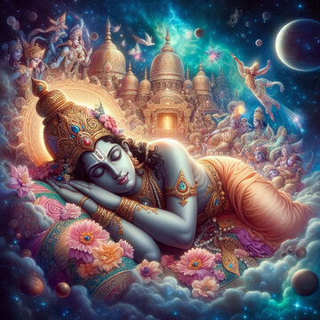 La deidad hind&uacute; Vishnu durmiendo en el cosmos.