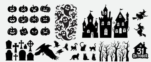 A black vector illustration set of Halloween silhouettes with bats, pumpkins, and a witch on an old castle