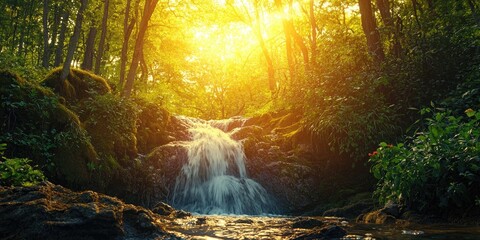 Obraz premium Scenic forest retreat with waterfall tumbling through steep ravine, captured in golden hour light Stock photo