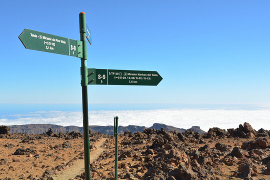 Footpath sign in road. "Sendero 9 Mirador de Pico Viejo, Mirador Narices del Teide". National Park of Teide, Canary Islands.