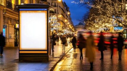 Blank Billboard on Parisian Street at Night with Christmas Lights