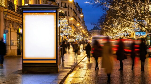 Blank Billboard on Parisian Street at Night with Christmas Lights