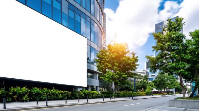 White Billboard on a Gray Modern Building Near City Street with Lush Green Trees Under a Blue Sky and Clouds on a Sunny Day
