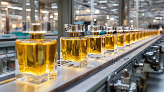 Bottles of golden liquid are being conveyed on a manufacturing line, possibly in a factory for perfumes or other cosmetic products.
