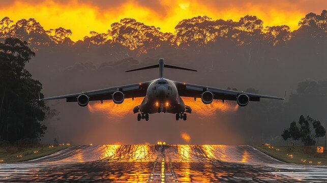Majestic Sunset Landing: A C-17 Globemaster III touches down amidst a fiery sky, casting an unforgettable silhouette against the breathtaking backdrop of nature's vibrant colors.
