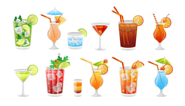 Cocktails collection  realistic 3D bar drinks. Different alcoholic drinks in glasses and decorations.