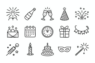 A collection of black and white line art icons representing New Year's Eve celebrations and party elements.