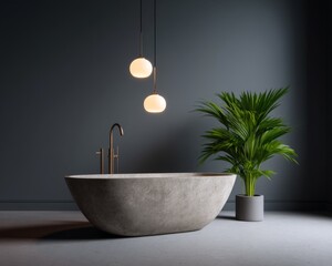 Elegant bathroom design featuring modern bathtub and green plant minimalist style indoor environment contemporary view
