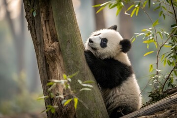 Fototapeta premium Young Giant Panda Cub Climbing a Tree in a Natural Habitat