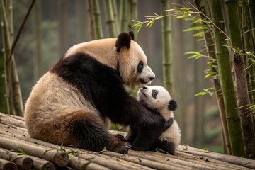 Obraz premium Giant Panda Mother and Cub Bonding in a Bamboo Forest Sanctuary