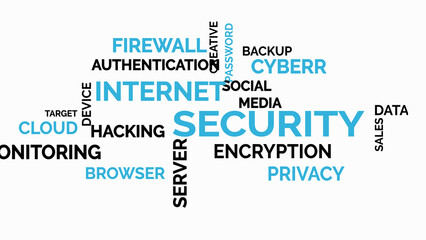 Cybersecurity word cloud with blue and black text internet