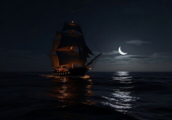 Majestic sailing ship at night, moonlit sea voyage