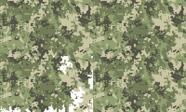 Abstract digital camouflage pattern. Seamless texture in shades of green and beige, ideal for military, fashion, or gaming designs.