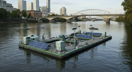 Fototapeta premium Innovative solar-powered floating platform riverbank technology installation urban environment aerial view sustainability concept