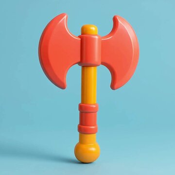 A stylized, vibrant illustration of a double-bit axe, rendered in smooth 3D, against a clean, blue studio background