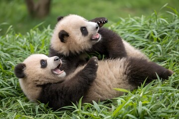Fototapeta premium Two Giant Panda Cubs Playing and Tumbling in Lush Green Grass