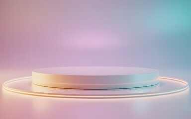 Minimalist Podium with Neon Ring and Soft Pastel Gradient Background for Product Display