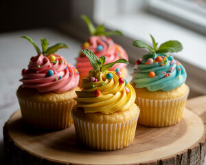 Four colorful frosted cupcakes with sprinkles and mint leaves on a wooden board