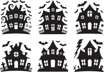 Spooky haunted houses with bats for Halloween celebration designs
