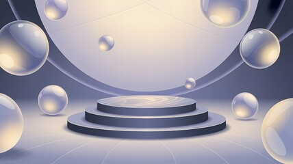 Three-Tiered Podium with Floating Spheres in a Softly Lit, Abstract Space