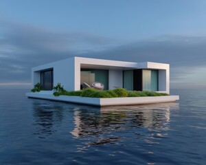 Contemporary floating house innovation serene water setting architecture visualization modern design aerial perspective