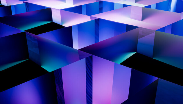 Abstract 3D render of blue geometric cubes with reflections
