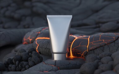 Silver Tube Product Mockup on Volcanic Lava with Glowing Orange Cracks