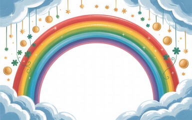 Whimsical Rainbow with Clouds, Shamrocks, and Gold Coins for St Patricks Day