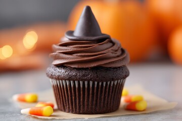 Chocolate cupcake topped with swirled frosting and a chocolate witch hat, surrounded by candy corn and pumpkins, creating a festive autumn dessert atmosphere