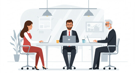 Three professionals working at a table with laptops in a modern office setting with neutral colors vreated with genrated ai