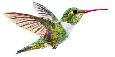 Obraz premium Vibrant green hummingbird with red beak soaring, thread embroidery on white background, flying posture Stock photo