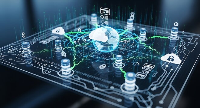 Futuristic cloud computing concept with glowing globe, icons, and binary code - Powered by Adobe