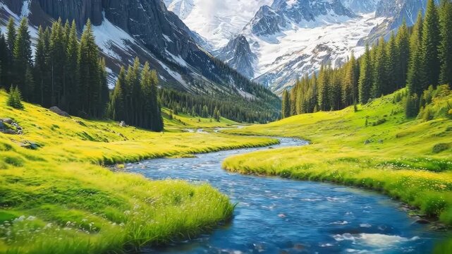 Mountain river flowing through a green mountain landscape, green meadows and snowy rocks background