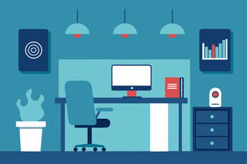 Flat icon vector set illustrating a computer and TV on an office desk, symbolizing technology and business concepts