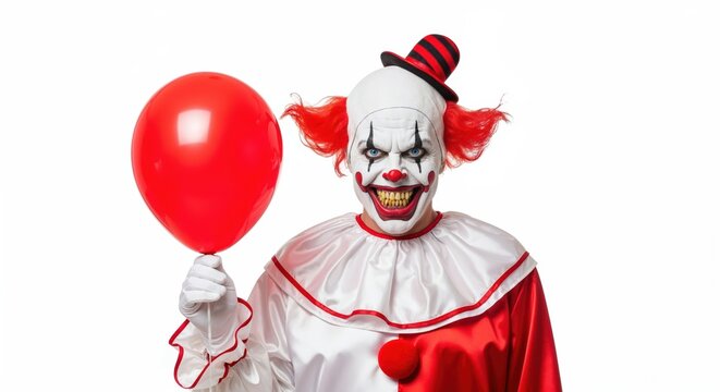 Scary clown in red and white costume holding red balloon with creepy smile on white background.