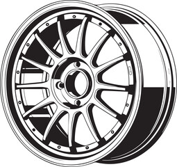Obraz premium monochrome vector car rim illustration with precise spoke pattern and bolt hole hub for luxury automotive branding