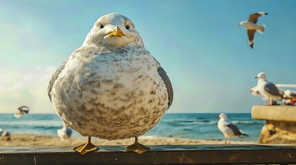 chubby seagull sits on a railing, overlooking a beautiful beach scene. Other seagulls are visible in the background.