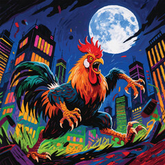 Fototapeta premium Rooster Monster City Invasion Vector Design Template