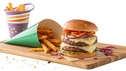Delicious double cheeseburger with melted cheese and french fries isolated on transparent background