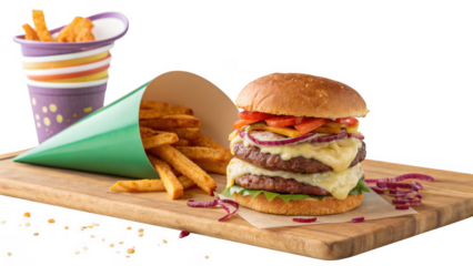 Delicious double cheeseburger with melted cheese and french fries isolated on transparent background
